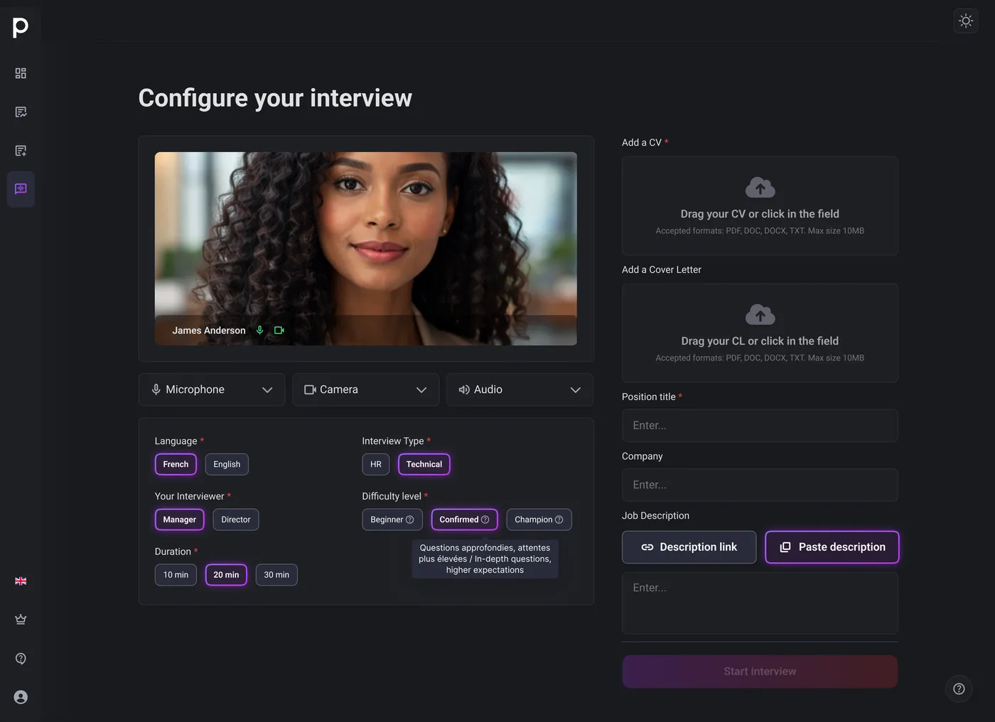 Simulateur d'entretien IA — aperçu 1